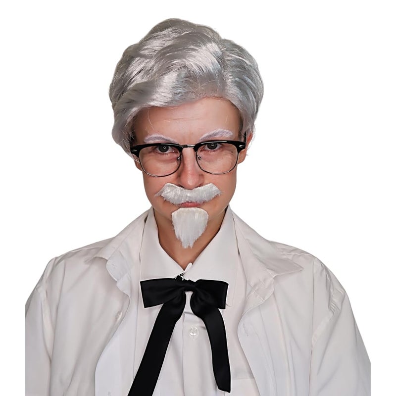 ALLAURA Compatible with Colonel Sanders Wig Old Man Costume Set with White Wig Beard Mustache Glasses Tie Realistic Hair for Adults Funny Fast Food Icon Look Halloween Cosplay Party Outfit