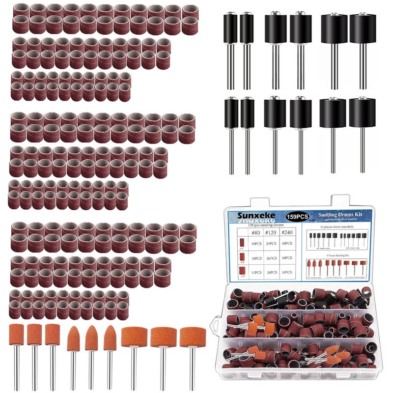 Sunxeke Sanding Drum Set for Most Rotary ToolsIncludes 138 Aluminum Oxide Drum Sander Sanding Sleeves 80120240 Grit12 Drum Mandrels and 9 Sanding BitsSanding Bits Tool Accessories with Box - Image 2