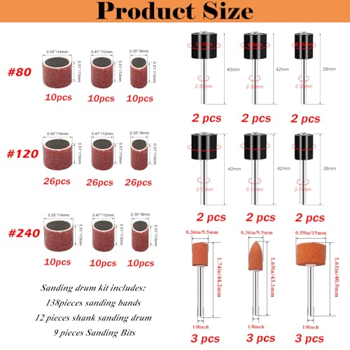 Sunxeke Sanding Drum Set for Most Rotary ToolsIncludes 138 Aluminum Oxide Drum Sander Sanding Sleeves 80120240 Grit12 Drum Mandrels and 9 Sanding BitsSanding Bits Tool Accessories with Box - Image 3