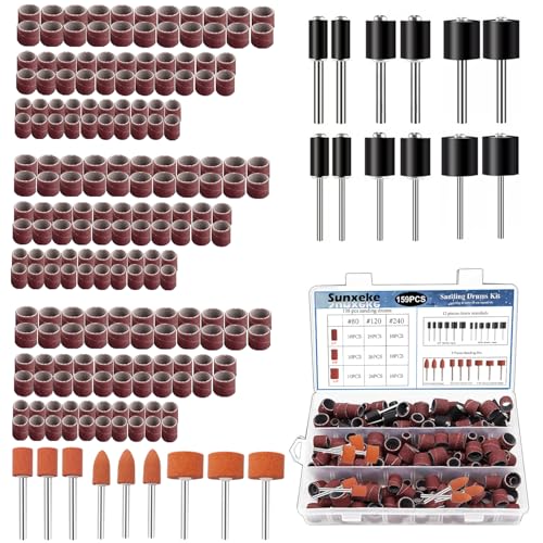 Sunxeke Sanding Drum Set for Most Rotary ToolsIncludes 138 Aluminum Oxide Drum Sander Sanding Sleeves 80120240 Grit12 Drum Mandrels and 9 Sanding BitsSanding Bits Tool Accessories with Box - Image 1