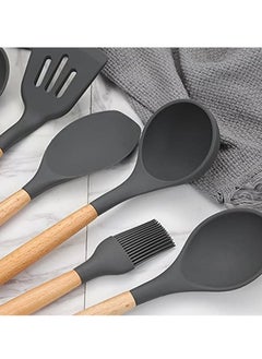 SYOSI Silicone Cooking Utensils Kitchen Utensil Set, 12 PCS Wooden Handle Nontoxic BPA Free Silicone Spoon Spatula Turner Tongs Kitchen Gadgets Utensil Set for Nonstick Cookware with Holder  - Image 4
