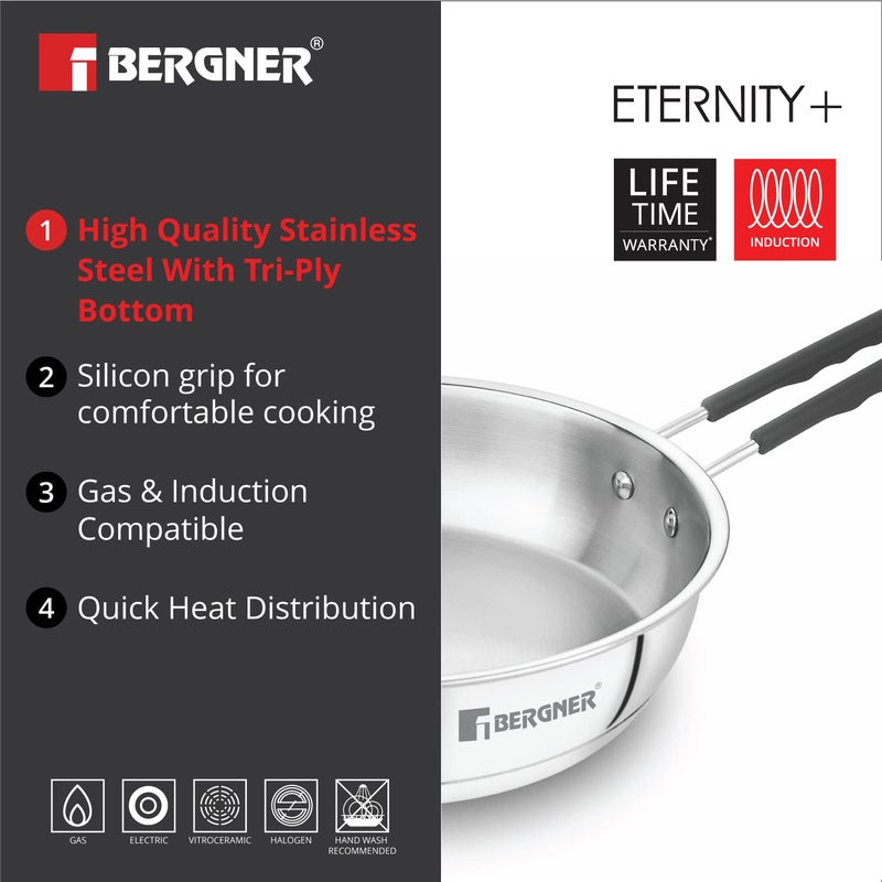 BERGNER Eternity Stainless Steel Frypan with Triply Bottom, Induction Base and Silicone Grip Handle, 7 Year Warranty, 22 cm, Silver - Image 3