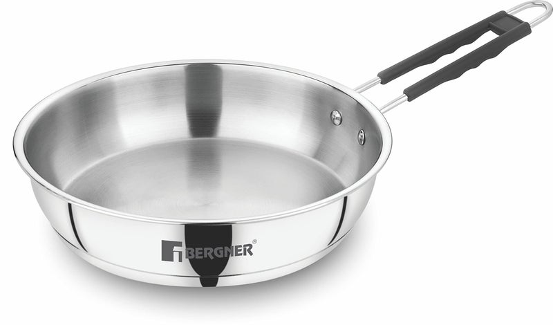 BERGNER Eternity Stainless Steel Frypan with Triply Bottom, Induction Base and Silicone Grip Handle, 7 Year Warranty, 22 cm, Silver - Image 1