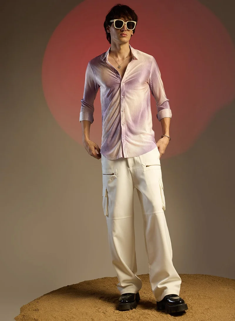 Campus Sutra Men's Lavender & Ivory White Ombre-Pleated Shirt