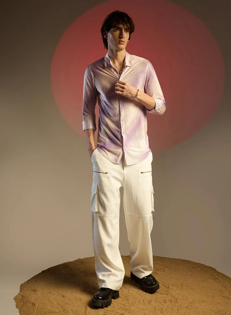 Campus Sutra Men's Lavender & Ivory White Ombre-Pleated Shirt