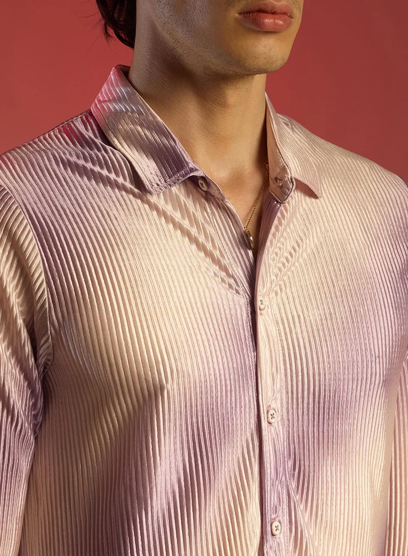 Campus Sutra Men's Lavender & Ivory White Ombre-Pleated Shirt