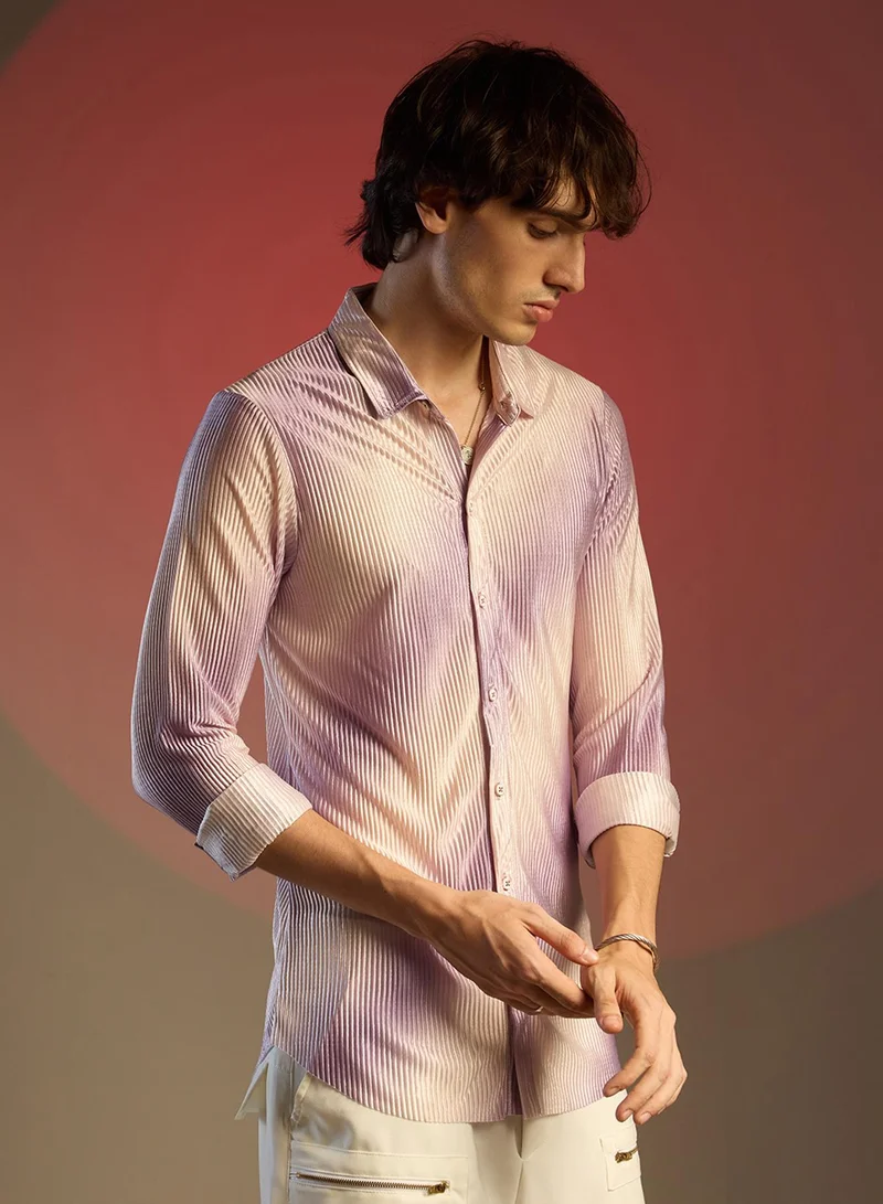 Campus Sutra Men's Lavender & Ivory White Ombre-Pleated Shirt