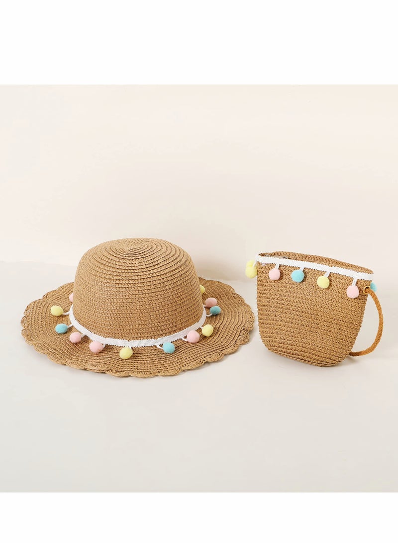 Excefore Straw Summer Hat Kids Girls Wide Brim Beach Sun Hat Straw Woven Bag Outfit Set 2 Pcs - Image 3