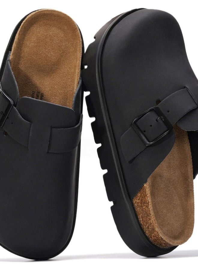 Project Cloud 100% Genuine Leather Platform Clogs for Women Footwear - Memory Foam Arch Support Cork Footbed Casual Shoes & Mules for Women 2025 (Benton Chunky), Black Leather Mono, 8 - Image 1