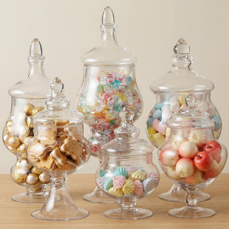 Mimorou 6 Sets Glass Apothecary Jars with Lids and Scoops 3 Styles Clear Candy Jars for Buffets Candy Display Containers Bath Salt Container Cookie Crafts Bathroom Kitchen Storage (Vintage) - Image 4
