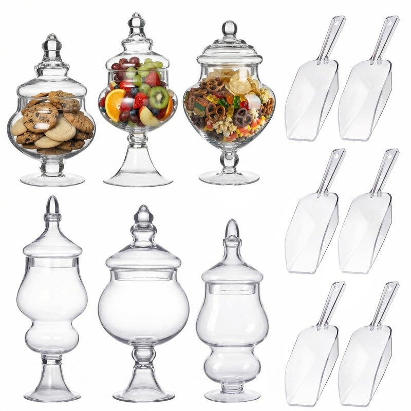 Mimorou 6 Sets Glass Apothecary Jars with Lids and Scoops 3 Styles Clear Candy Jars for Buffets Candy Display Containers Bath Salt Container Cookie Crafts Bathroom Kitchen Storage (Vintage) - Image 1