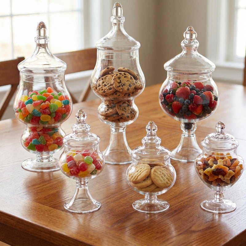 Mimorou 6 Sets Glass Apothecary Jars with Lids and Scoops 3 Styles Clear Candy Jars for Buffets Candy Display Containers Bath Salt Container Cookie Crafts Bathroom Kitchen Storage (Vintage) - Image 5