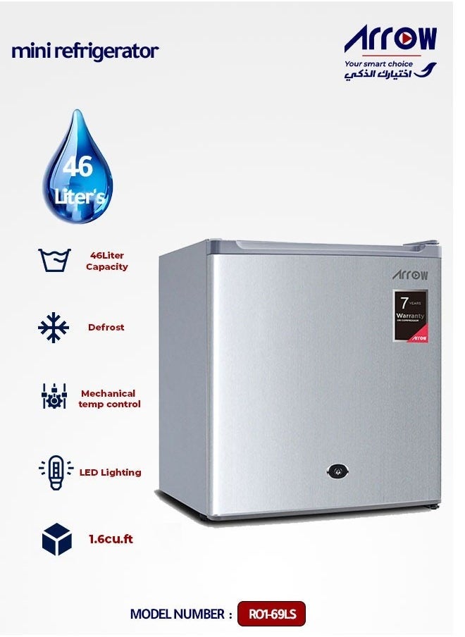 Arrow 46LTR Mini Refrigerator DEFROST, 1.6 CU.FT| Energy Saving | 7 years Compressor warranty | Silver color | Model Name: RO1-69LS  - Image 1