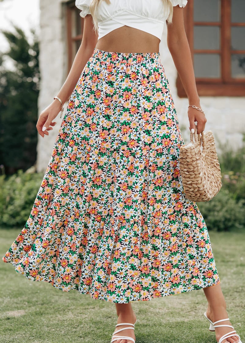 KIRUNDO Women's 2025 Fall High Waist Boho Floral Maxi Skirt Trendy Casual Flowy Swing Pleated A Line Beach Long Skirts(Khaki, Small) - Image 3