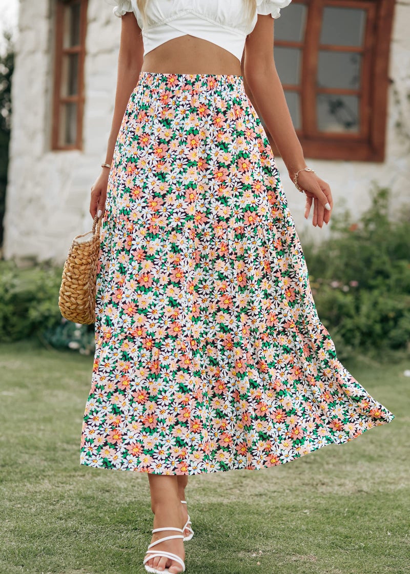 KIRUNDO Women's 2025 Fall High Waist Boho Floral Maxi Skirt Trendy Casual Flowy Swing Pleated A Line Beach Long Skirts(Khaki, Small) - Image 5