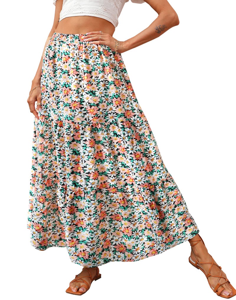 KIRUNDO Women's 2025 Fall High Waist Boho Floral Maxi Skirt Trendy Casual Flowy Swing Pleated A Line Beach Long Skirts(Khaki, Small) - Image 1