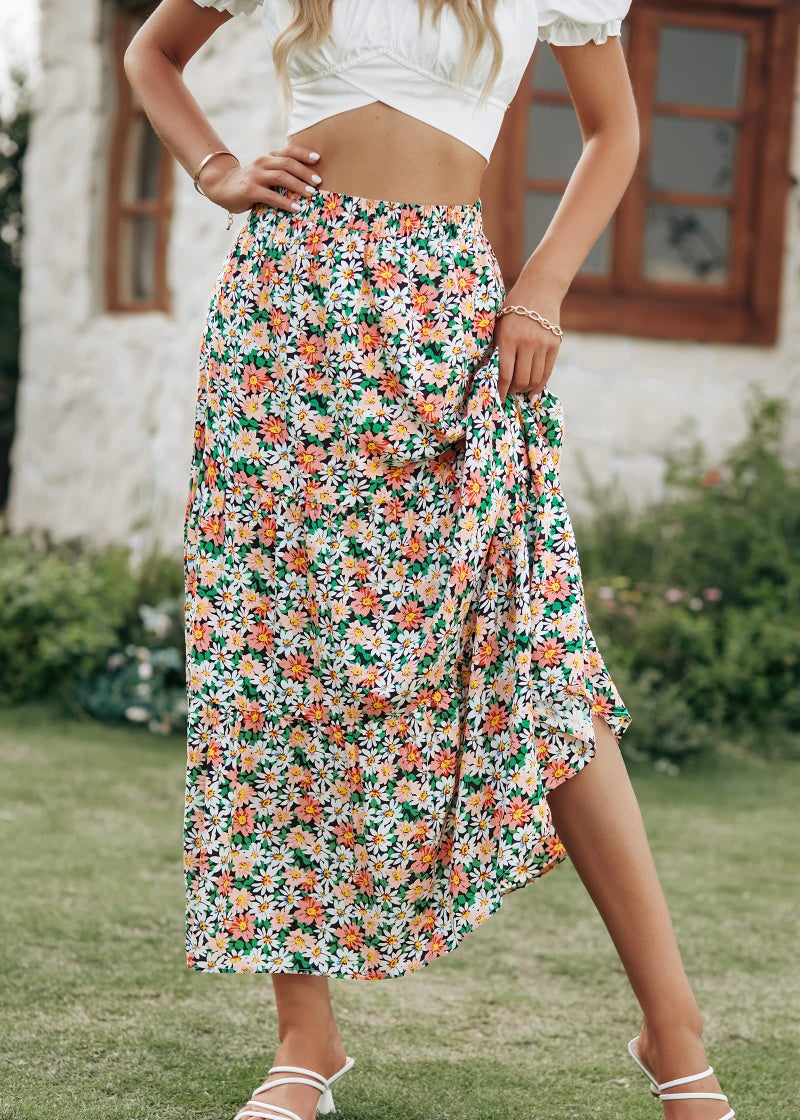 KIRUNDO Women's 2025 Fall High Waist Boho Floral Maxi Skirt Trendy Casual Flowy Swing Pleated A Line Beach Long Skirts(Khaki, Small) - Image 4