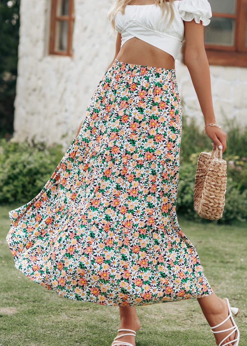 KIRUNDO Women's 2025 Fall High Waist Boho Floral Maxi Skirt Trendy Casual Flowy Swing Pleated A Line Beach Long Skirts(Khaki, Small) - Image 2