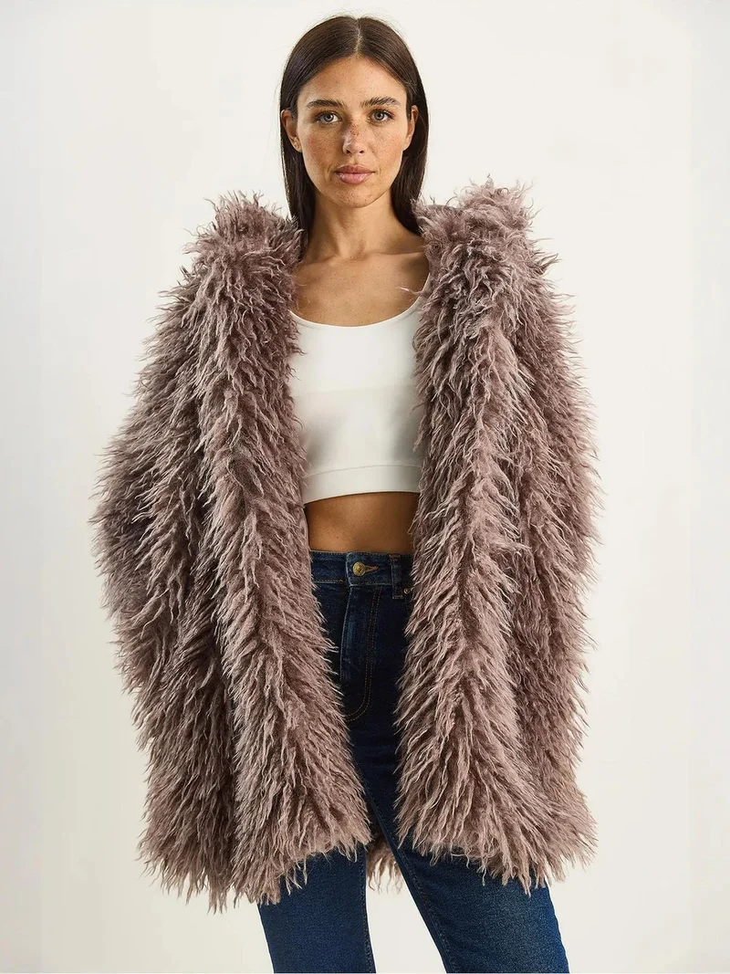 Bianco Lucci Beaver Brown LUCCI Oversize Hooded Faux Fur Jacket for Women | Best Price UAE