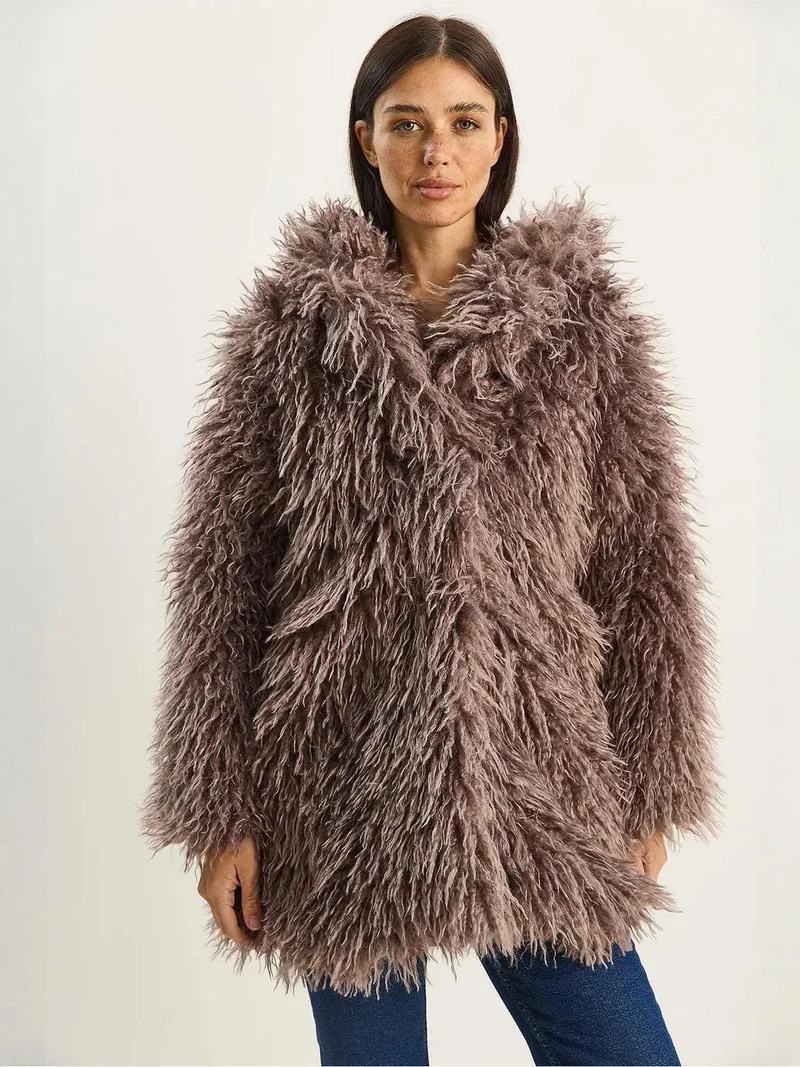 Bianco Lucci Beaver Brown LUCCI Oversize Hooded Faux Fur Jacket for Women | Best Price UAE