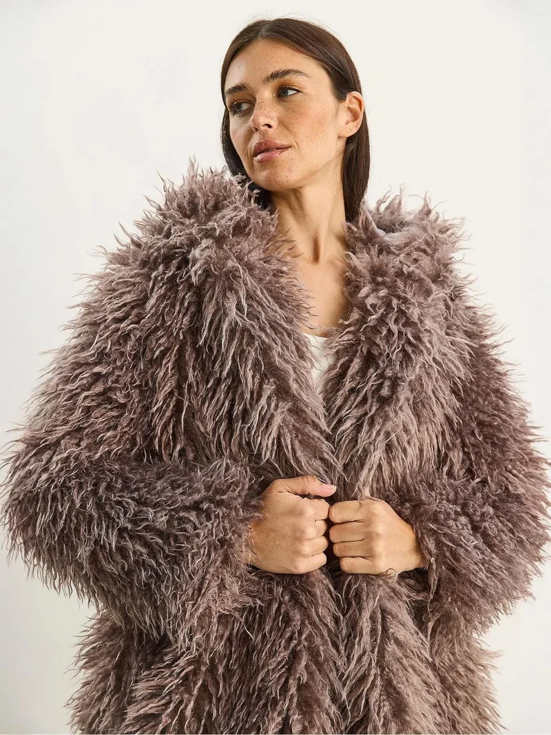 Bianco Lucci Beaver Brown LUCCI Oversize Hooded Faux Fur Jacket for Women | Best Price UAE