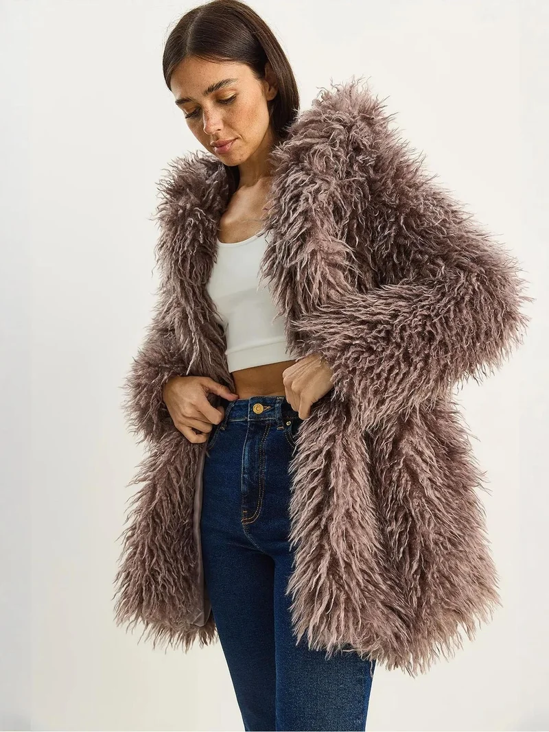 Bianco Lucci Beaver Brown LUCCI Oversize Hooded Faux Fur Jacket for Women | Best Price UAE