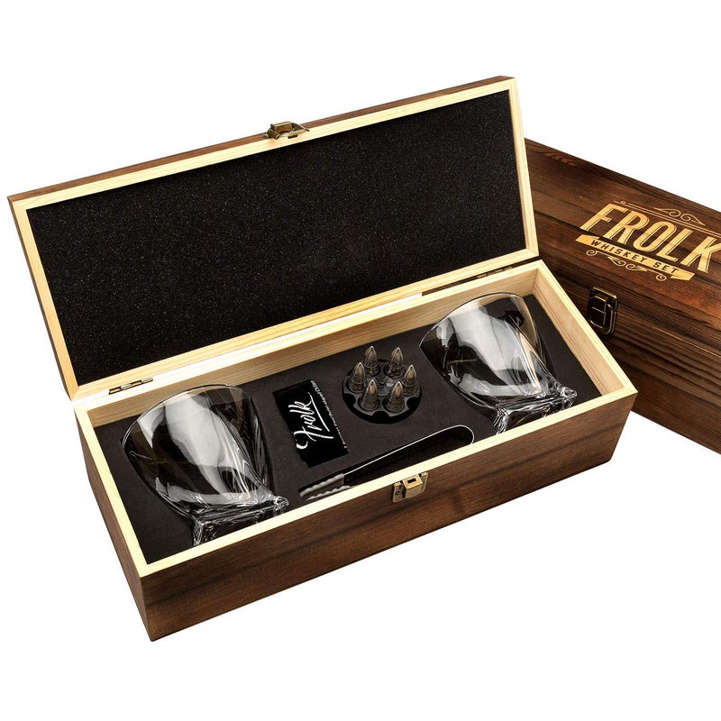 Frolk Whiskey Chillers Premium Gift Set, Set Of 6 Extra Large Stainless Steel Whiskey Stones, 2 Large Twisted Whiskey Glasses (11 oz), Freezer Base, Velvet Pouch & Tongs In Novelty Wooden Box - Image 1