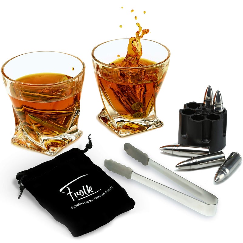 Frolk Whiskey Chillers Premium Gift Set, Set Of 6 Extra Large Stainless Steel Whiskey Stones, 2 Large Twisted Whiskey Glasses (11 oz), Freezer Base, Velvet Pouch & Tongs In Novelty Wooden Box - Image 5