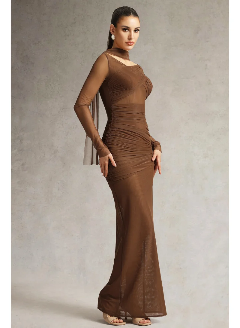 Bella Barnett Zimino Long Sleeve Ruched Tulle Maxi Dress