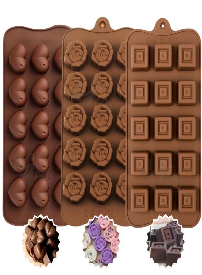 Undy Chocolate Mould Silicone Rose Heart Square Shape Chocolate Mould for Chocolate Making Multipurpose Jelly Ice Cubes Cake Decoration Tools, 3 PCS, Brown - Image 1