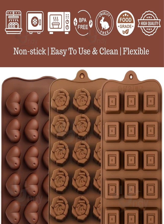 Undy Chocolate Mould Silicone Rose Heart Square Shape Chocolate Mould for Chocolate Making Multipurpose Jelly Ice Cubes Cake Decoration Tools, 3 PCS, Brown - Image 3
