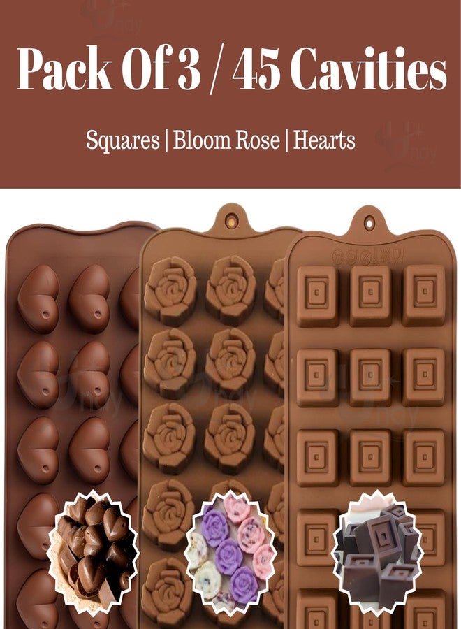 Undy Chocolate Mould Silicone Rose Heart Square Shape Chocolate Mould for Chocolate Making Multipurpose Jelly Ice Cubes Cake Decoration Tools, 3 PCS, Brown - Image 2
