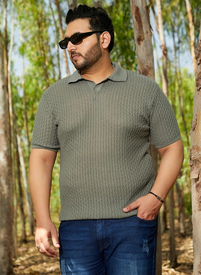 Instafab Plus Instafab Plus Men's Moss Green Swirl-Textured Polo T-Shirt For Casual Wear | Polo Neck | Short Cuffed Sleeves | Pull On Closure | Plus Size T-Shirt Crafted With Comfort Fit For Everyday Wear