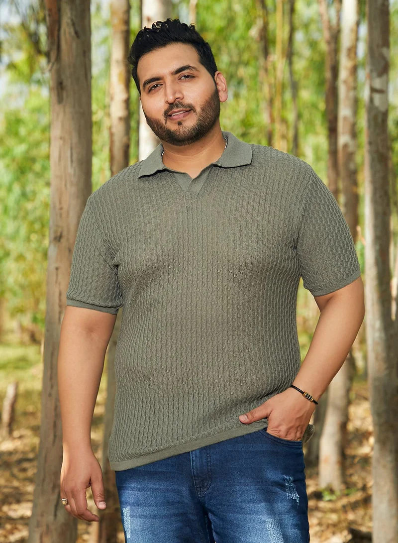 Instafab Plus Instafab Plus Men's Moss Green Swirl-Textured Polo T-Shirt For Casual Wear | Polo Neck | Short Cuffed Sleeves | Pull On Closure | Plus Size T-Shirt Crafted With Comfort Fit For Everyday Wear