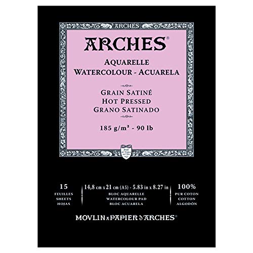 Arches كتل ألوان مائية من أرشيس ملصقة من جانب واحد 15 ورقة قمح ساتان أبيض طبيعي 185 غم2 A5 - Image 1