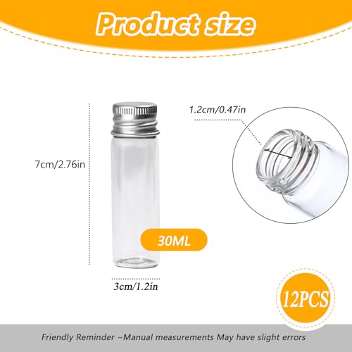 UPSTORE 12PCS Empty Clear Travel Portable Glass Wish Bottles with Silver Aluminum Cap Essential Oil Powders Cream Ointments Grease Storage Container Jars Cosmetic Makeup Sample Packing Holder(30ml/1oz) - Image 2