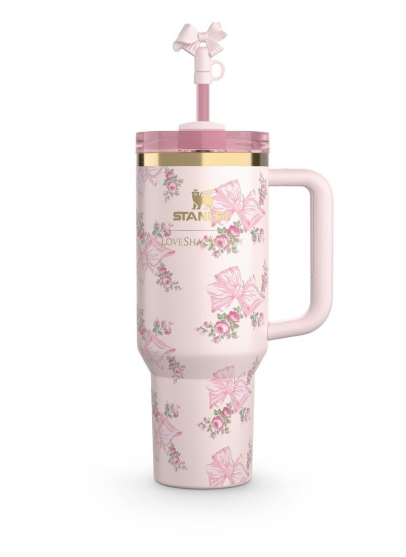 Stanley - Love Shack Fancy H2.0 Flow State 40oz Pink Rose Tumbler, Stainless Steel Vacuum Insulated Quencher with Lid, Straw, and Stopper, Ideal for Water and Iced Tea, Keeps Drinks Cold, Presented in Elegant Gift-Ready Packaging - Image 1