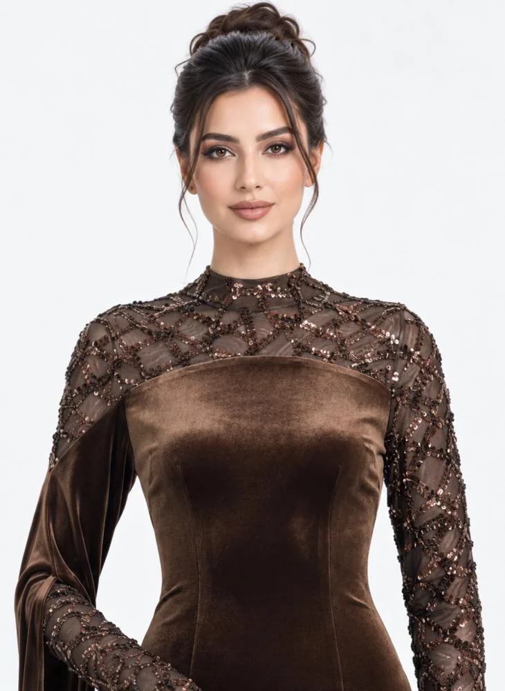 Opera Fashion Mocha Stretch Velvet Long Sleeve Evening Dress