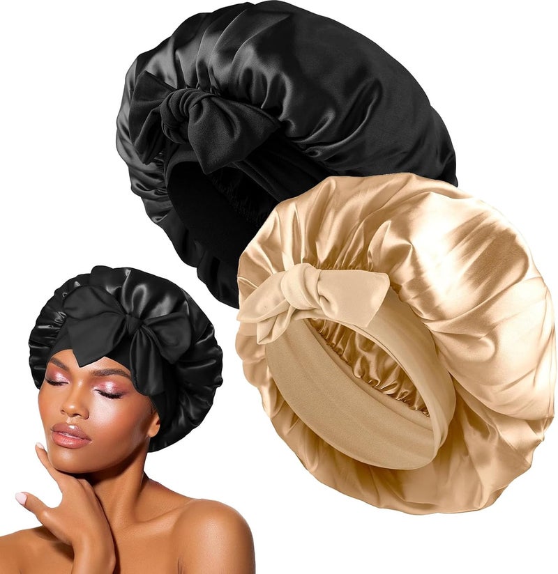 ZSRVAJ 2Pcs Silk Bonnet for Sleeping, Satin Hair Bonnet with Adjustable Design, Curly Hair Protection for Men and Women, Black and Khaki - Image 1