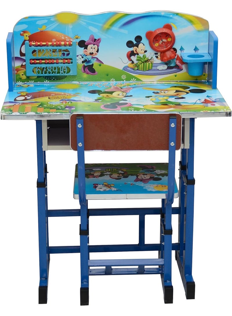 Multi Home Furniture Blue Adjustable Kids Study Table and Chair Set – Ergonomic Study Desk with Storage Shelf, Abacus & Clock – Cartoon Theme Homework Desk for Boys, Study Table for Kids 3–12 - Image 1