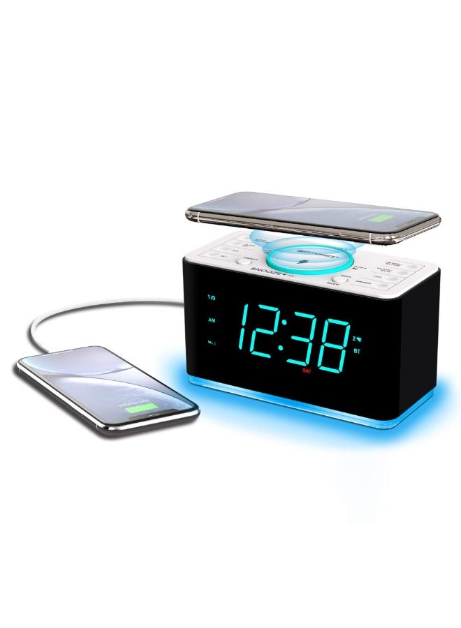 Emerson ER100401 Smartset 15Watt Ultra Fast Wireless Charging Dual Alarm Clock Radio with Bluetooth Speaker USB Charger Cyan LED Night Light and 14 Display