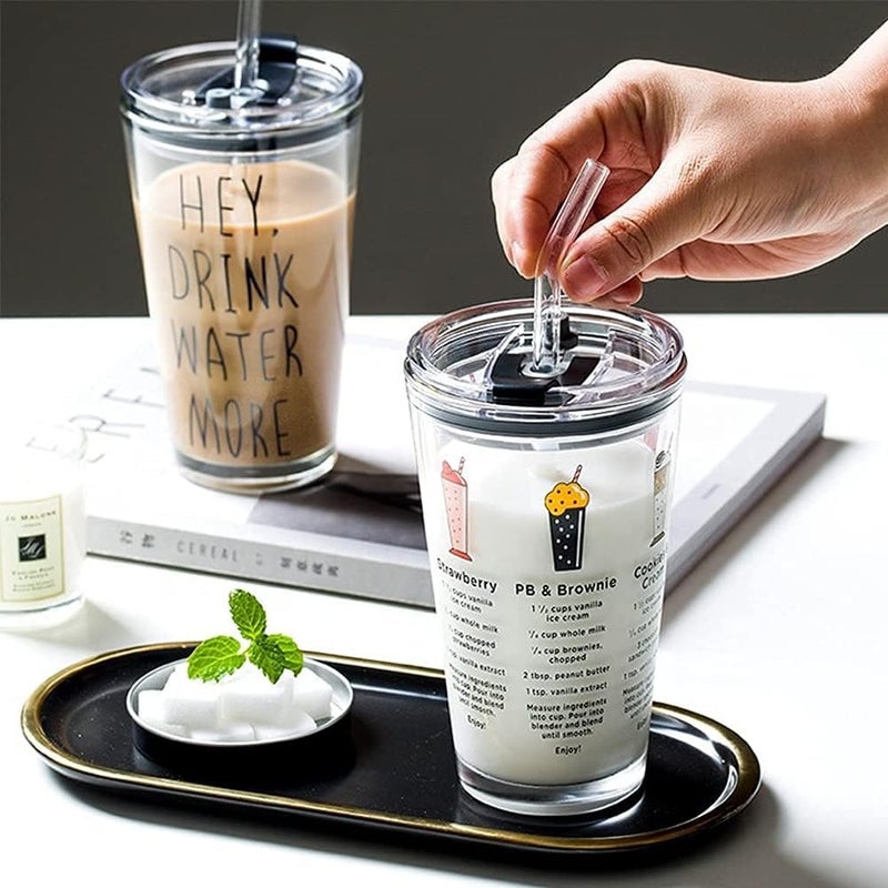 KELVEE Random Design, Cartoon Pattern,Creative Multipurpose Drinking Glass Measuring Mug/Cup with Silicone Straw and Lid Drink for Milk,Tea,Coffee,Juice,Thick Shake Cup & Mug Set of 1(Printed),400 ml - Image 1