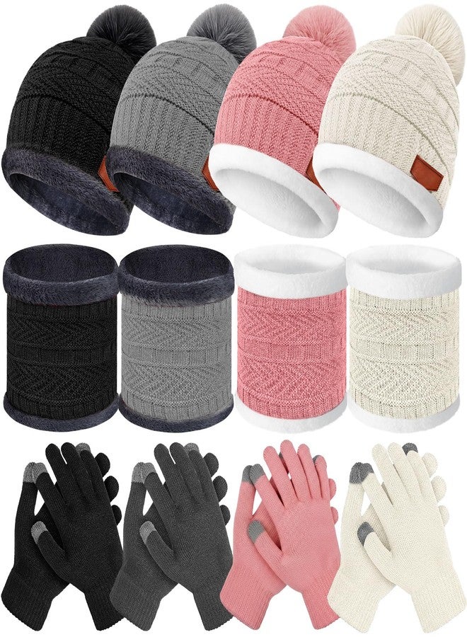 JaGely 12 Pieces Kids Winter Hat Glove Scarf Sets Thick Fleece Lining Cap Knitted Beanie Warm Touchscreen Mitten Neck Warmer Gaiter for Boys and Girls(Classic,Black,Gray,White,Pink) - Image 1