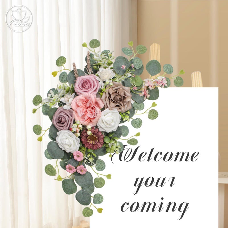 Odouzy Artificial Wedding Arch Flowers For Wedding Sign Set Of 2 For Wedding Welcome Ceremony Sign Faux Floral Swags Wedding  Banquet And Reception Backdrop Floral Decoration (Coffee Pink) - Image 3