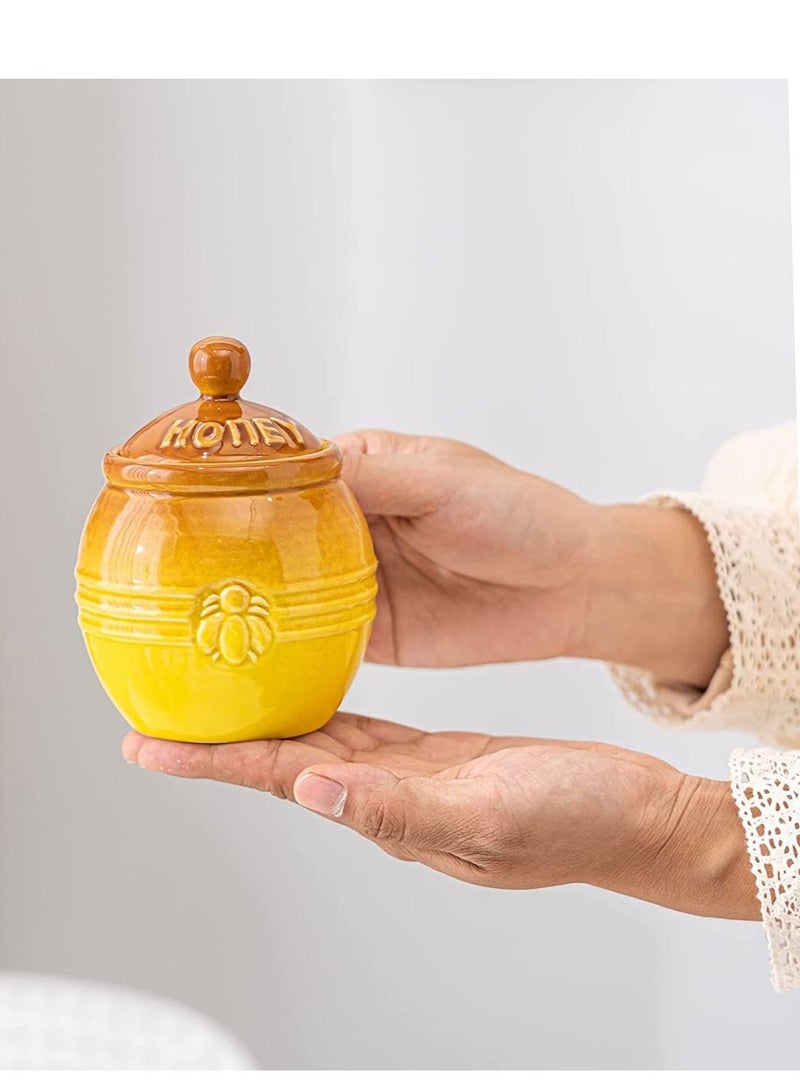 Ceramic Honey Pot with Lid and Wooden Dipper, 10oz Small Porcelain Honey Jar for Home Kitchen Storing and Dispensing Honey and Syrup - Image 1