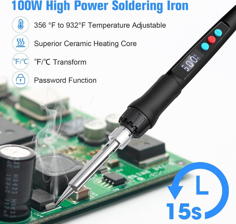 Q-MING Soldering Iron Kit, 100W LED Digital Solder Gun kits with Ceramic Heater, Adjustable Temperature Welding Tools with Tips, Wick Braid, Stand, Solders Wire, Sponge, Flux Paste, Black - Image 5