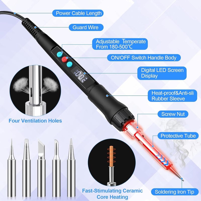 Q-MING Soldering Iron Kit, 100W LED Digital Solder Gun kits with Ceramic Heater, Adjustable Temperature Welding Tools with Tips, Wick Braid, Stand, Solders Wire, Sponge, Flux Paste, Black - Image 2