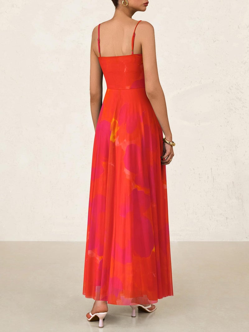BTFBM Women Summer Floral Maxi Dresses Elegant Spaghetti Strap Dress Printed Party Dress Beach Long Dresses(Orange Red Big Floral,XX-Large) - Image 3