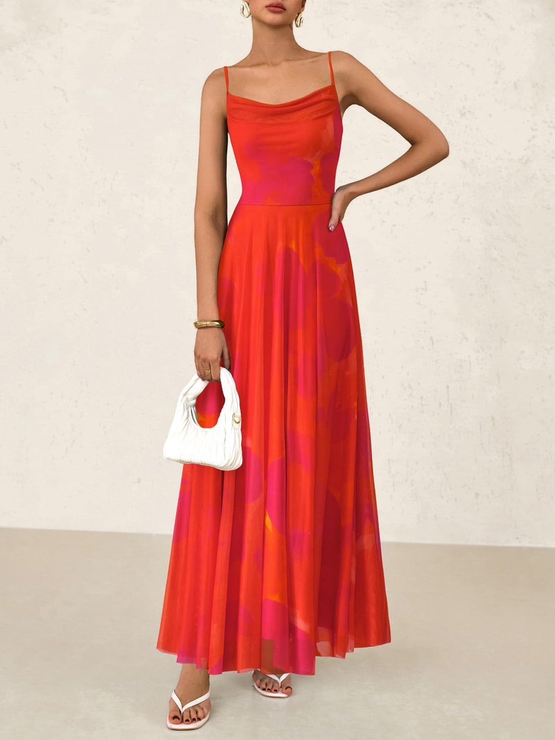 BTFBM Women Summer Floral Maxi Dresses Elegant Spaghetti Strap Dress Printed Party Dress Beach Long Dresses(Orange Red Big Floral,XX-Large) - Image 4