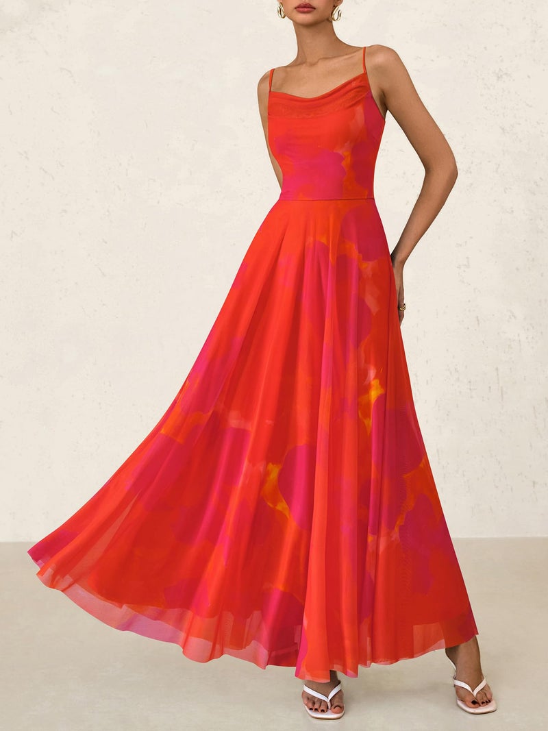 BTFBM Women Summer Floral Maxi Dresses Elegant Spaghetti Strap Dress Printed Party Dress Beach Long Dresses(Orange Red Big Floral,XX-Large) - Image 2